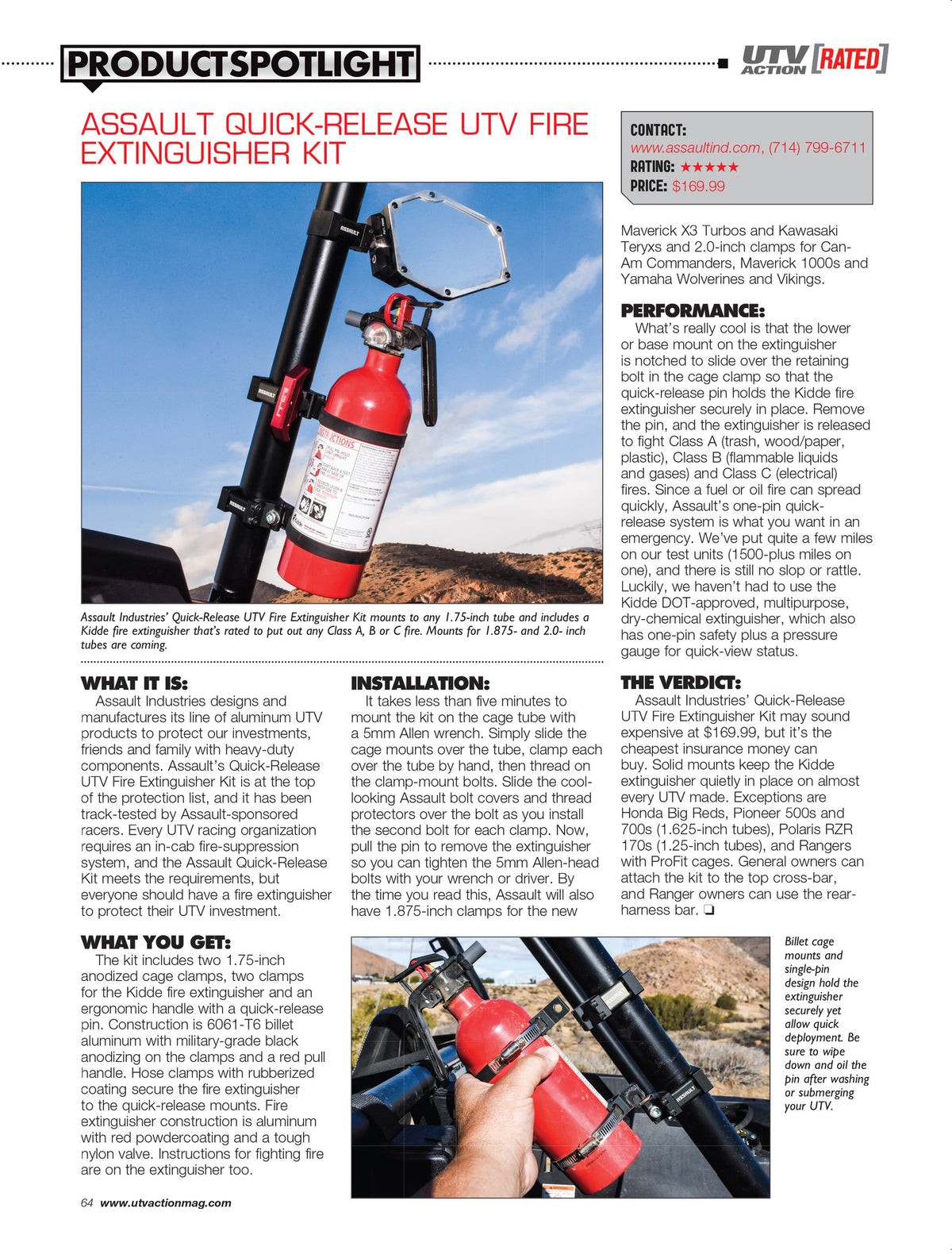 The Assault Industries Quick Release Fire Extinguisher Kit gets 5 stars in UTV Action Mag.